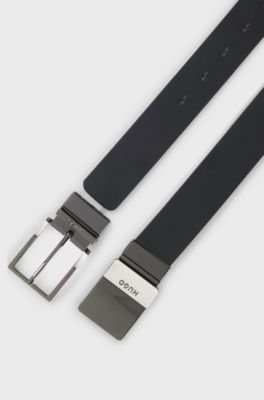 Reversible Italian-leather belt with two buckles, Black