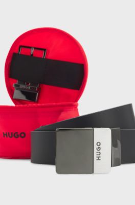 Ceinture r&eacute;versible en cuir italien avec deux boucles, Noir