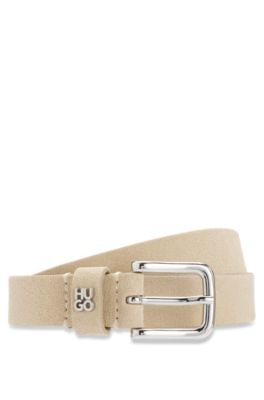 Suede belt with stacked-logo keeper trim, Natural