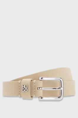 Suede belt with stacked-logo keeper trim, Natural