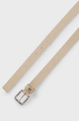 Suede belt with stacked-logo keeper trim, Natural
