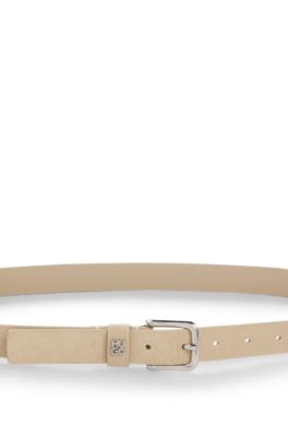 Suede belt with stacked-logo keeper trim, Natural