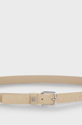 Suede belt with stacked-logo keeper trim, Natural