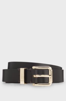 Cintura in pelle italiana con fibbia color oro, Marrone scuro