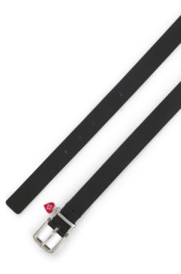 Italian-leather belt with stacked-logo keeper charm, Black