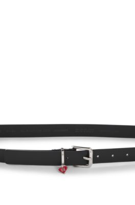 Italian-leather belt with stacked-logo keeper charm, Black