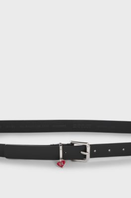 Italian-leather belt with stacked-logo keeper charm, Black
