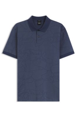 Cotton polo shirt with jacquard pattern, Dark Blue
