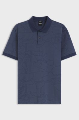 Cotton polo shirt with jacquard pattern, Dark Blue