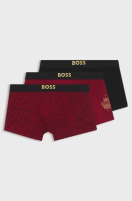 Year of the Horse Three-pack of stretch-cotton trunks, Black / Red