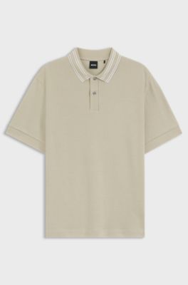 Structured-cotton polo shirt with striped collar, Light Beige