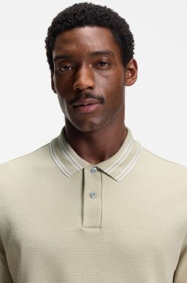 Structured-cotton polo shirt with striped collar, Light Beige