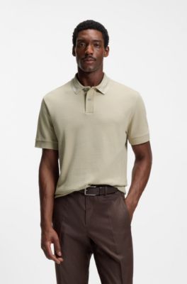 Structured-cotton polo shirt with striped collar, Light Beige