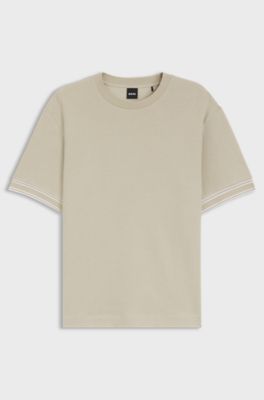 Structured-cotton T-shirt with striped cuffs, Light Beige