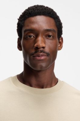Structured-cotton T-shirt with striped cuffs, Light Beige