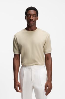 Structured-cotton T-shirt with striped cuffs, Light Beige