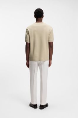 Structured-cotton T-shirt with striped cuffs, Light Beige