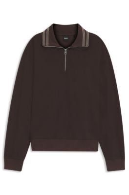 Cotton sweatshirt with quarter zip, Dark Brown