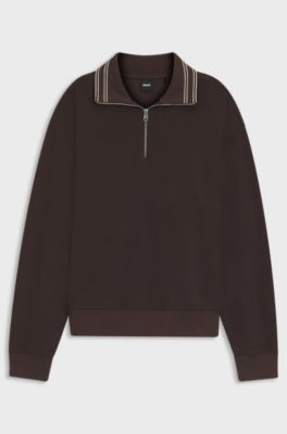Cotton sweatshirt with quarter zip, Dark Brown