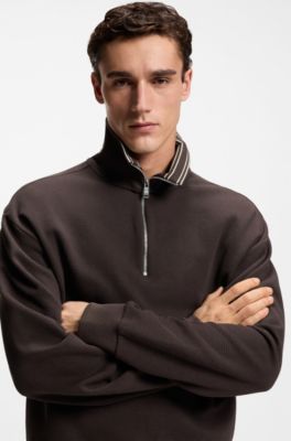 Cotton sweatshirt with quarter zip, Dark Brown