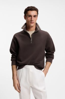 Cotton sweatshirt with quarter zip, Dark Brown