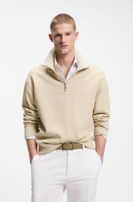 Felpa in cotone con zip corta, Beige chiaro