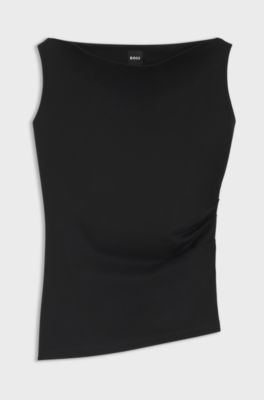 Cowl-neck asymmetric top in mercerised cotton, Black