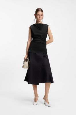 Cowl-neck asymmetric top in mercerised cotton, Black