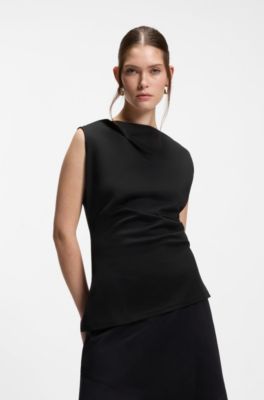 Cowl-neck asymmetric top in mercerised cotton, Black