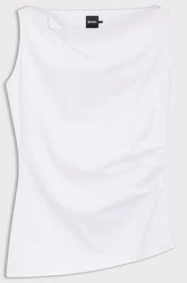 Top asimmetrico in cotone mercerizzato con collo a cascata, Bianco