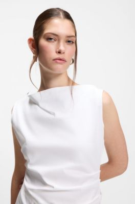 Top asimmetrico in cotone mercerizzato con collo a cascata, Bianco
