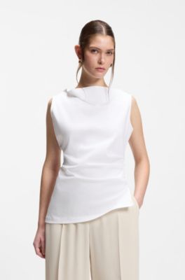 Top asimmetrico in cotone mercerizzato con collo a cascata, Bianco