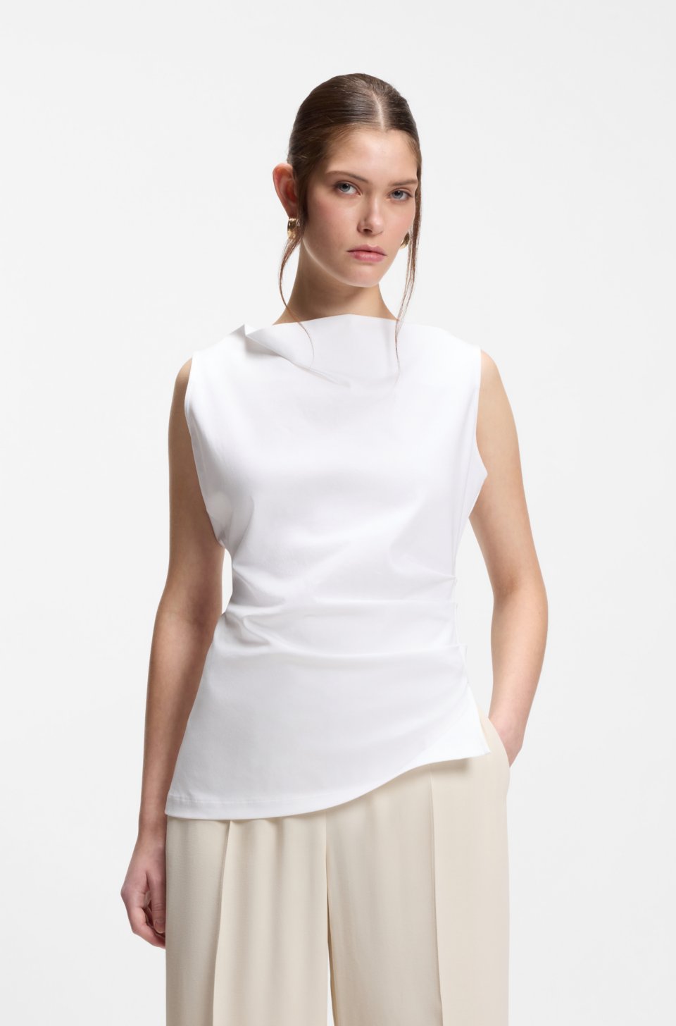 Cowl-neck asymmetric top in mercerised cotton
