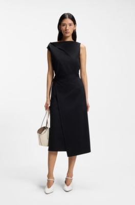 Mercerised-cotton dress with cowl neckline, Black