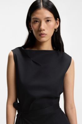 Mercerised-cotton dress with cowl neckline, Black