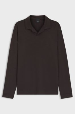 Wool-blend polo shirt with Johnny collar, Dark Brown