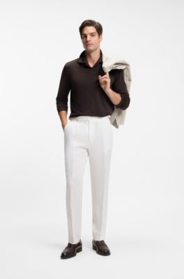 Wool-blend polo shirt with Johnny collar, Dark Brown