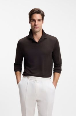 Wool-blend polo shirt with Johnny collar, Dark Brown