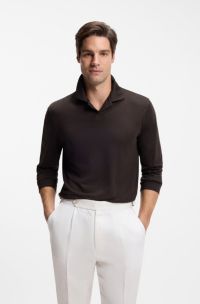 Wool-blend polo shirt with Johnny collar, Dark Brown