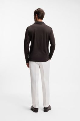 Wool-blend polo shirt with Johnny collar, Dark Brown