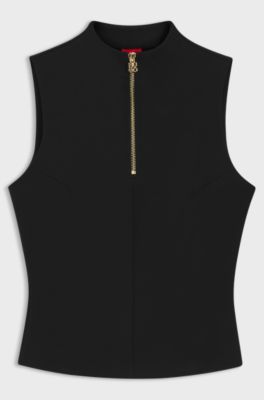 Sleeveless zip-neck top in stretch jersey, Black