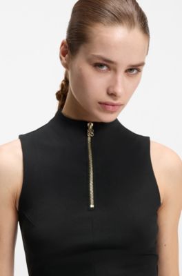 Sleeveless zip-neck top in stretch jersey, Black