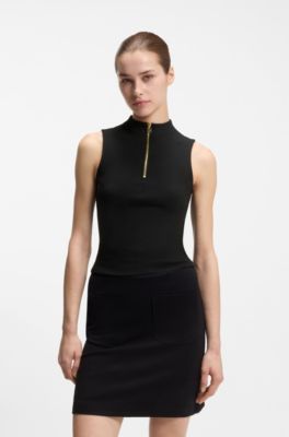 Sleeveless zip-neck top in stretch jersey, Black