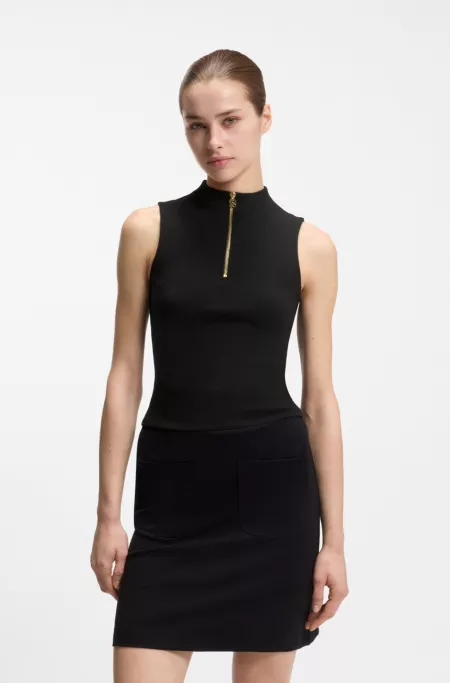 Sleeveless zip-neck top in stretch jersey