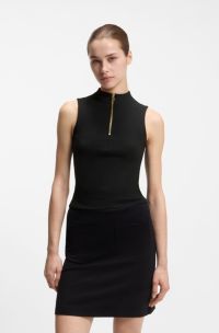 Sleeveless zip-neck top in stretch jersey, Black