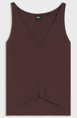 V-neck top in cotton and linen, Dark Brown