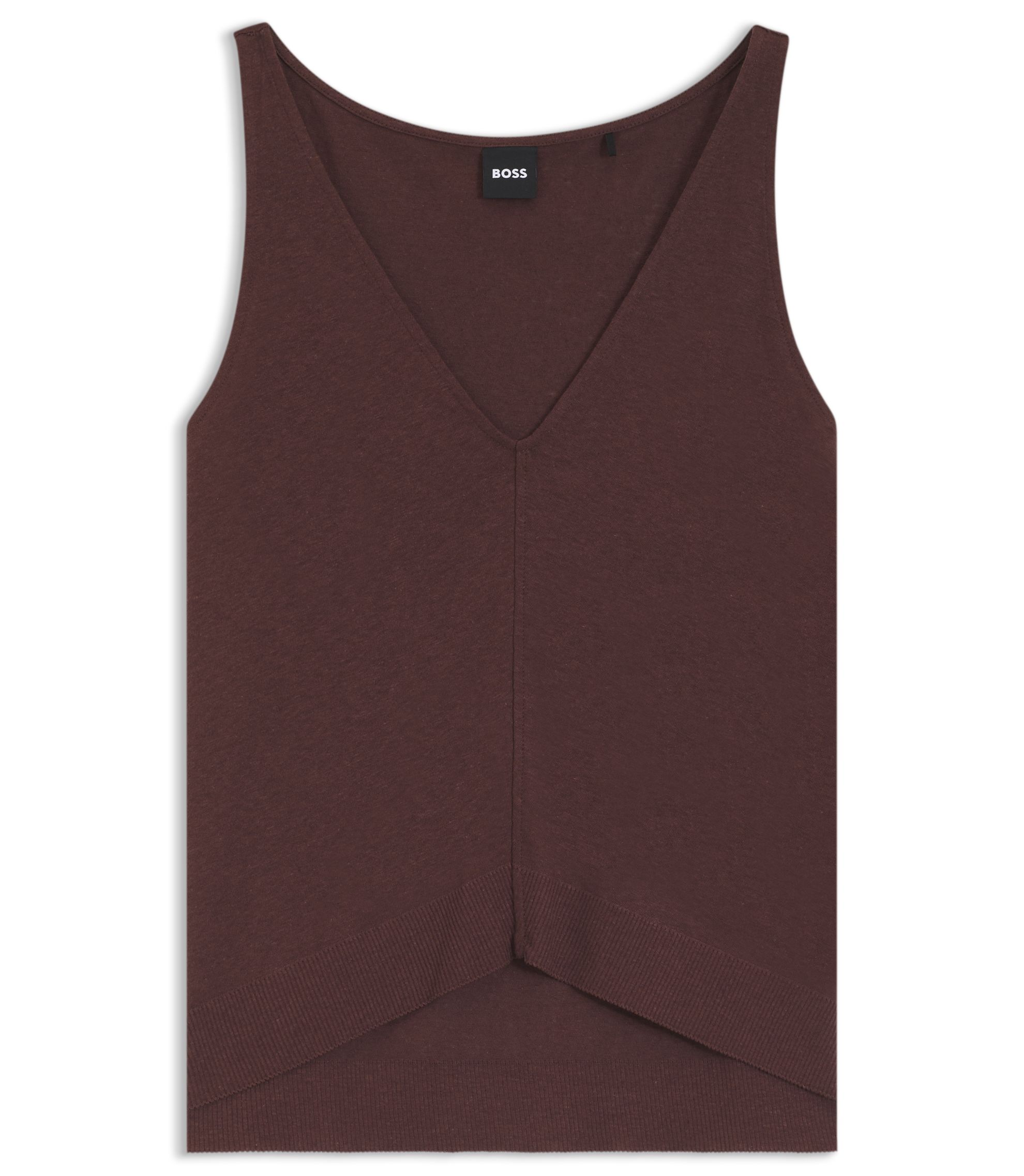 BOSS - V-neck top in cotton and linen - Dark Brown