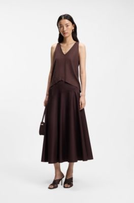 V-neck top in cotton and linen, Dark Brown