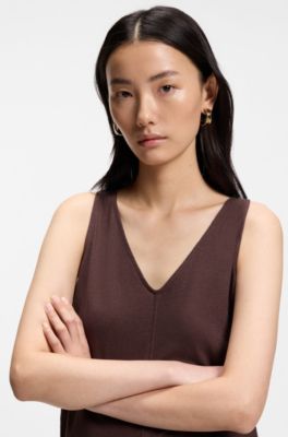V-neck top in cotton and linen, Dark Brown