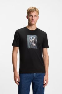 T-Shirt aus Baumwoll-Jersey mit Tier-Artwork, Schwarz